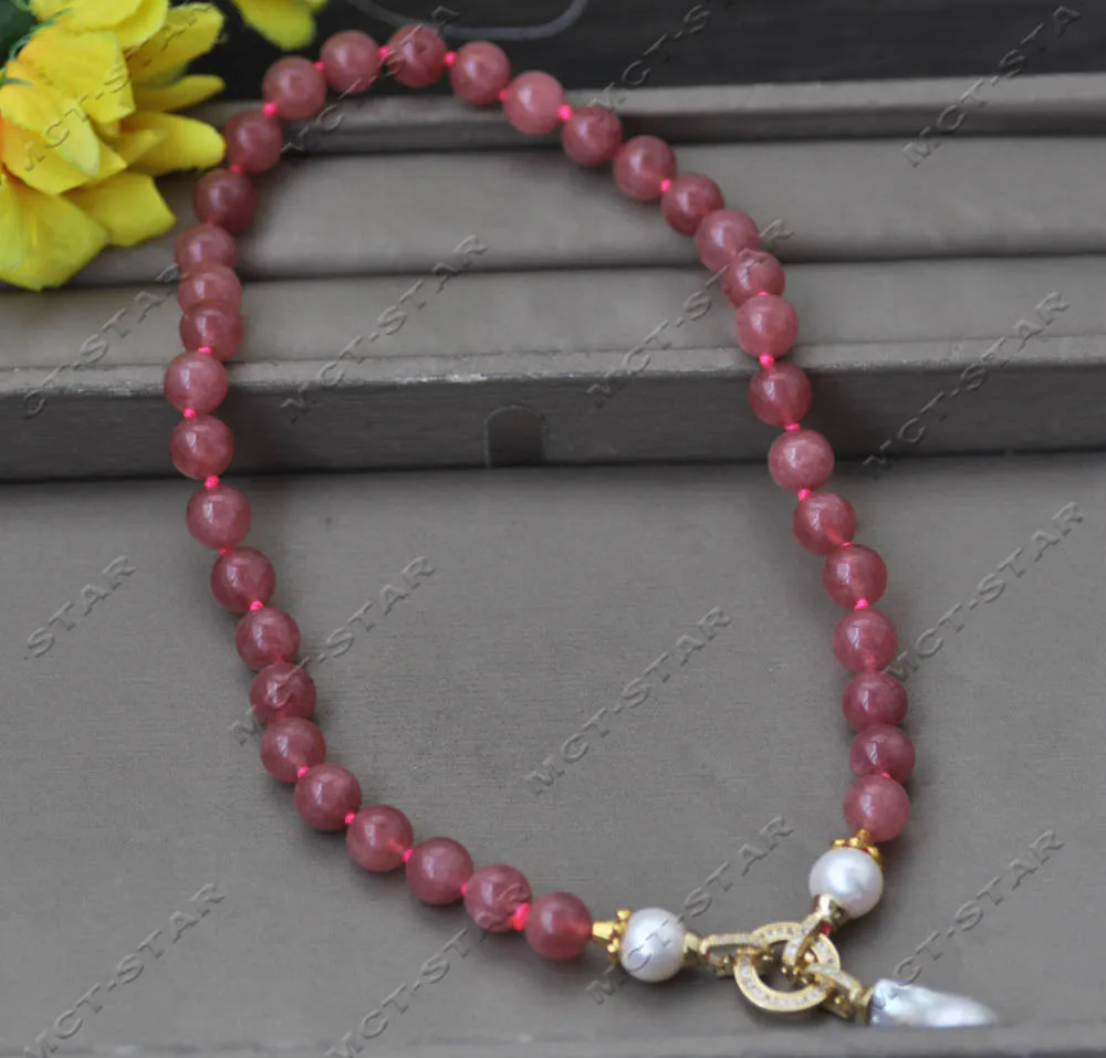 Z13388 18" 22mm Rose-Red Round Jasper Crystal Necklace White Keshi Pearl Pendant Custom Jewelry view 3
