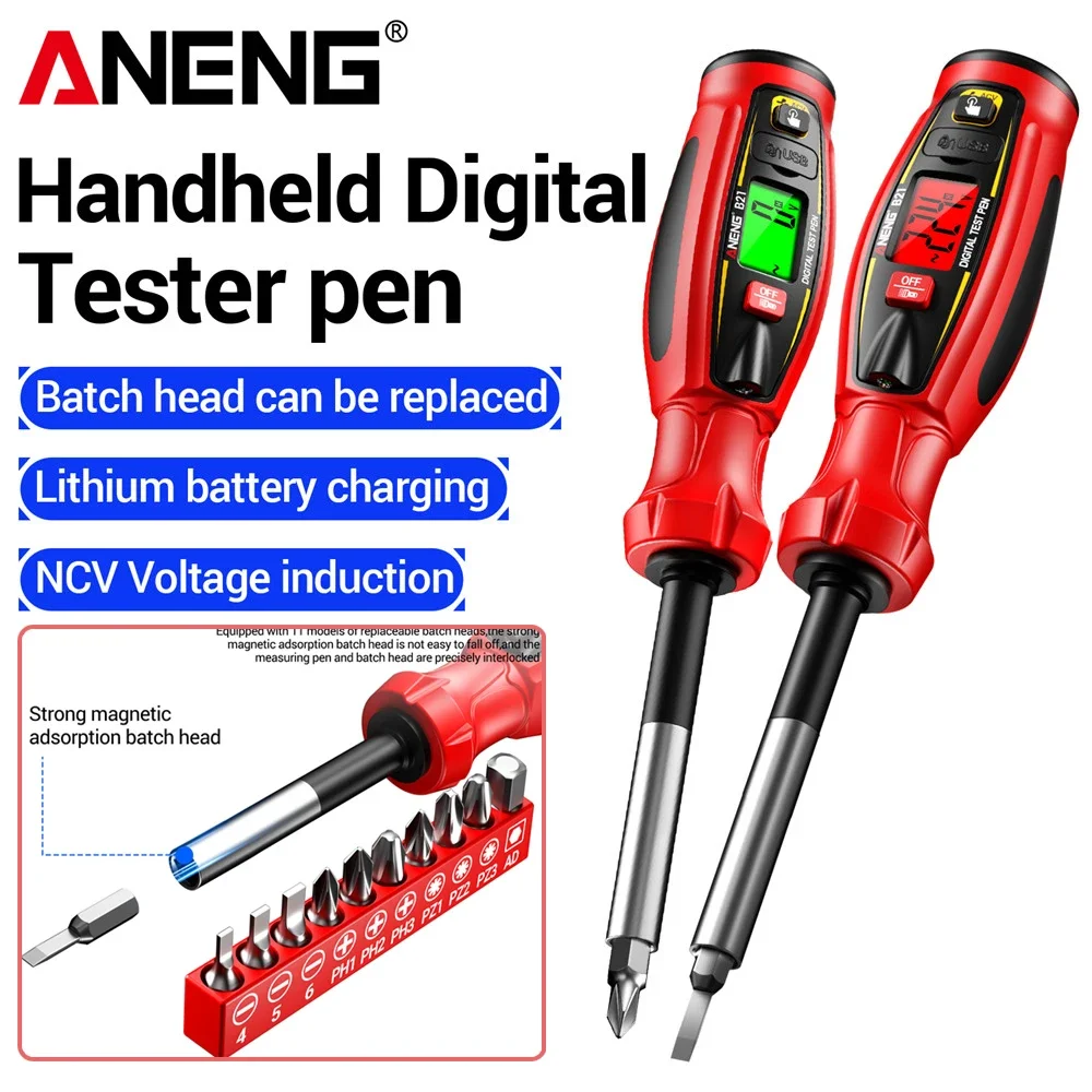 Digital Voltage Screwdriver Sensing Tester Pen 10 Replaceable Batch Heads Rechargeable 30~1000V Non-Contact Detector ANENG B21