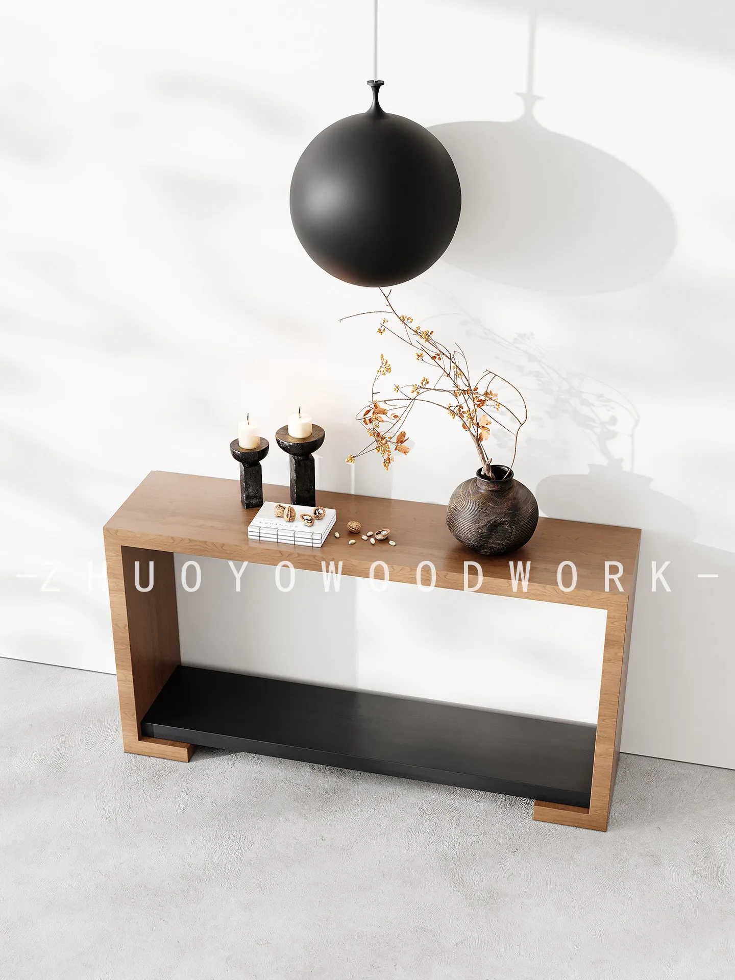 HYS retro style solid wood entrance table, living room entry bill, end view table, walnut color storage storage rack