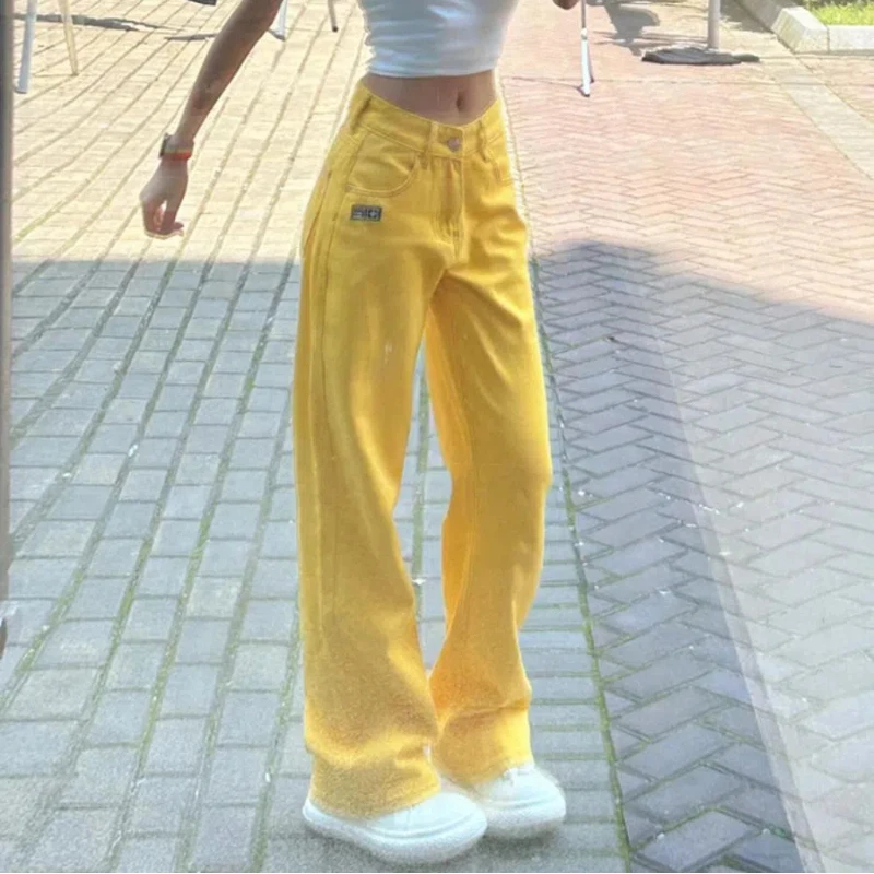 

Желтые широкие джинсы в американском стиле ретро для женщин, весенне-летний дизайн, свободные широкие брюки с высокой талией Vibe Street, модные