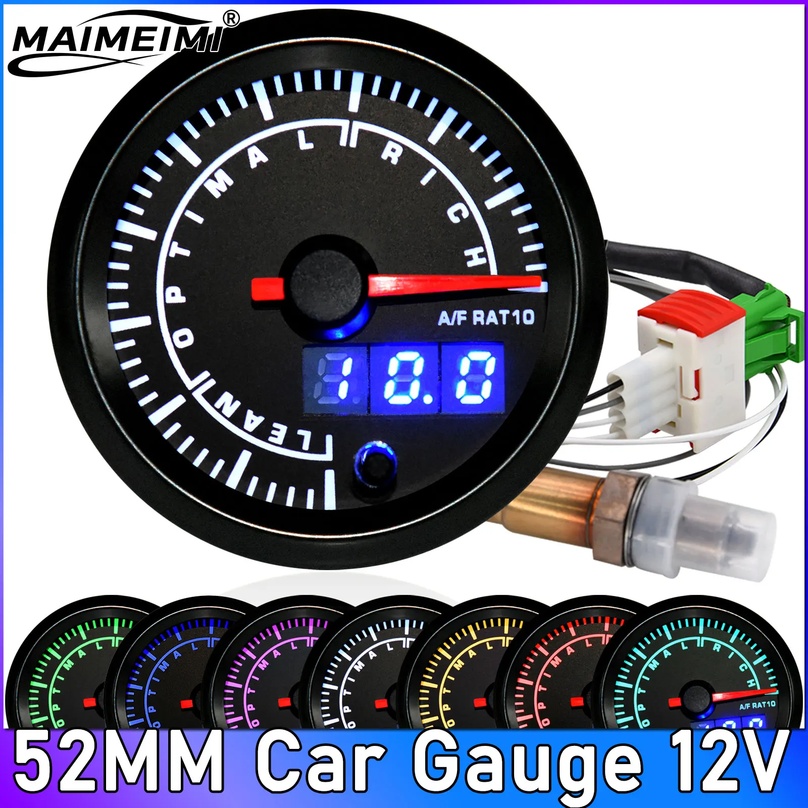 52mm Digital Air Fuel Ratio Gauge + Narrowband O2 Oxygen Sensor Stepper Motor Car Gauge AFR Meter Fit for Racing Petrol Car 12V