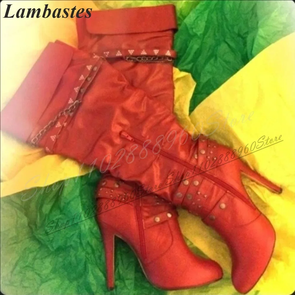 

Knee High Red Leather Chain Rivet Decor Boots Thin High Heel Women Shoes Side Zipper Pointed Toe 2024 Fashion Zapatillas Mujer