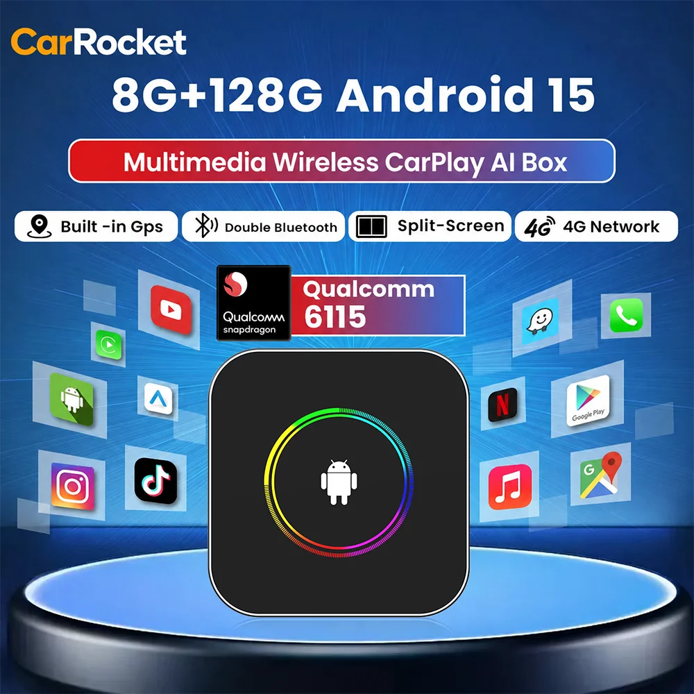CarRocket CarPlay AI Box Android 15 SM6115 Wireless CarPlay & Android Auto Built-in GPS Support Netflix YouTube Google Play