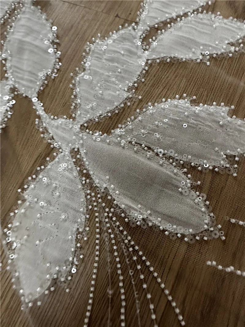 New Style Off White Laser Bead Sequins High Quality Mesh Embroidery French Wedding Dress Lace Fabric Sell By Yard