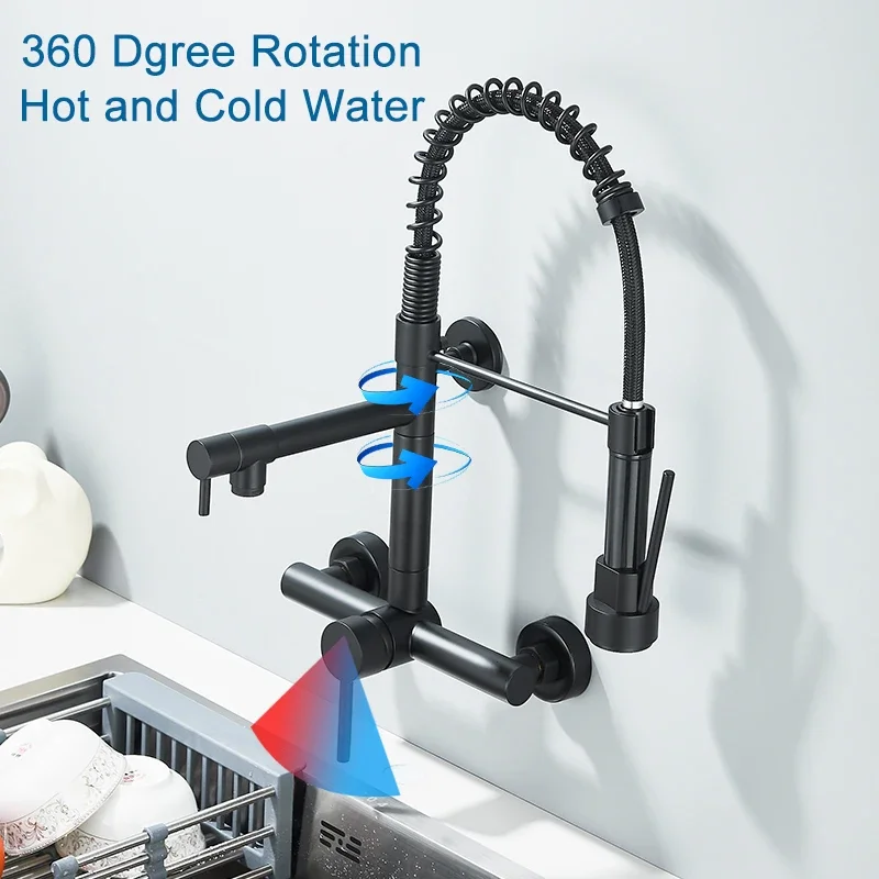 Black Kitchen Faucet Wall Mounted Single Handle Hot Cold Water Kitchen Mixer Tap Dual Swivel Spout Spring Pull Down Faucets