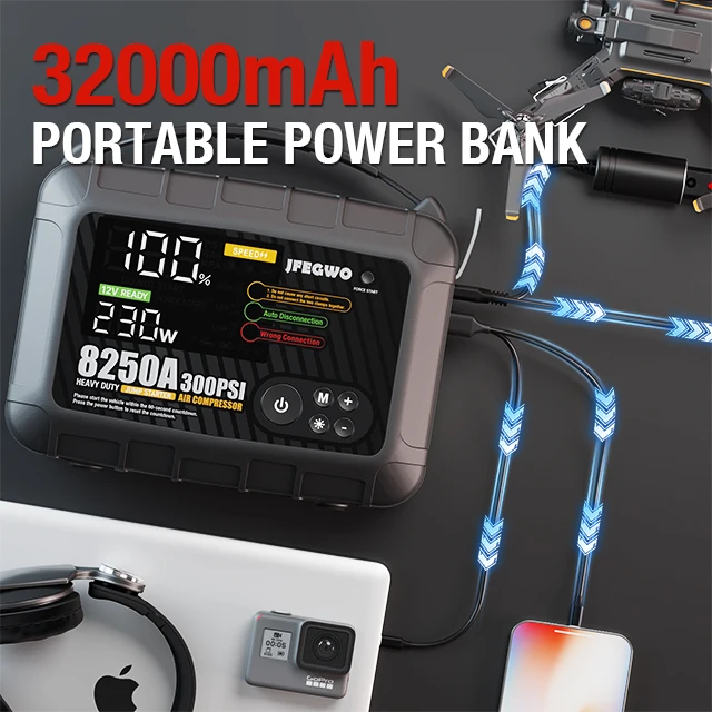 7 in 1 Portable Emergency Tool Kit Battery Pack Booster Charger Power Bank with Built-in Air Compressor and Car Jump Starter