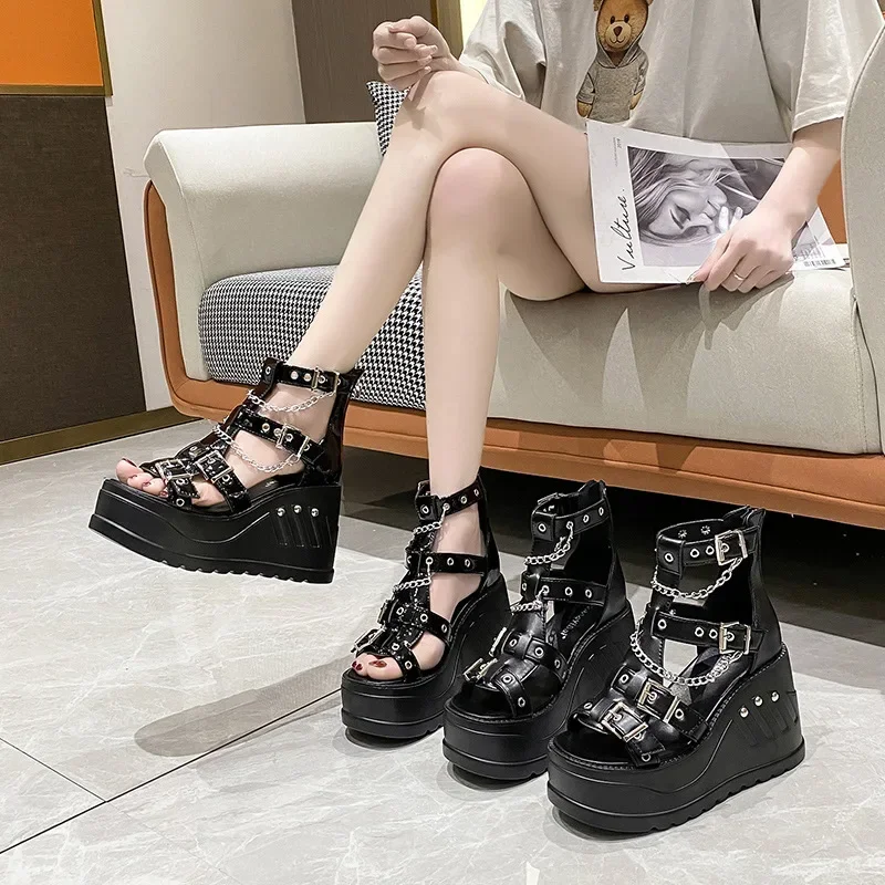 Women Wedges Sandalias High Heel Gothic Punk Comfy Walking Back Zip Chains Platform Ladies Shoes Sandalias De Mujer Verano 2024