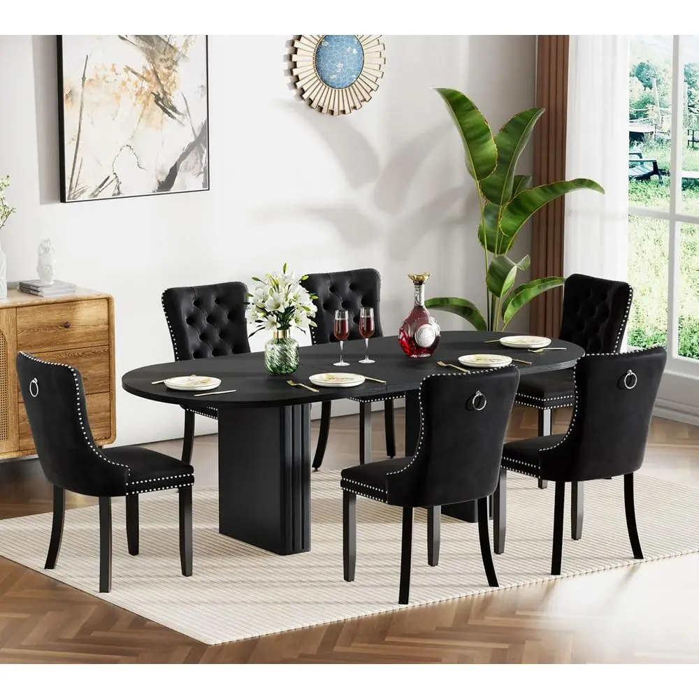 

7-Piece Expandable Oval Dining Table Set with 6 Black Chairs for Kitchen Dining Room