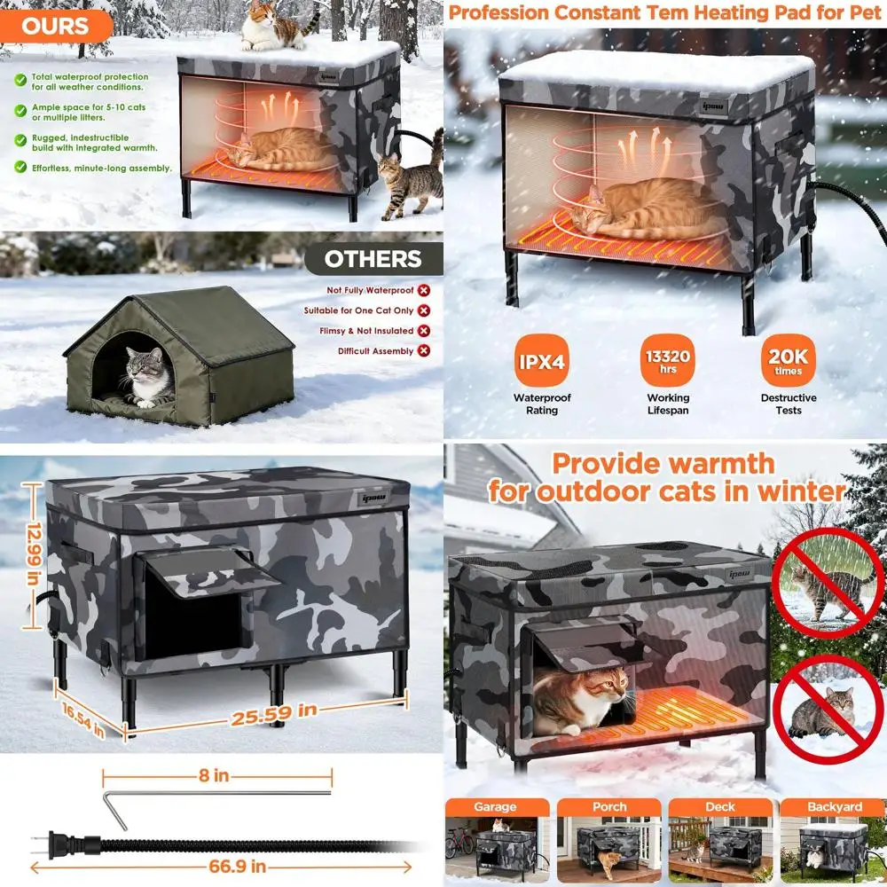 

6-Layer Durable Outdoor Cat Shelter, Waterproof & Insulated with Heated Plush Bed for Stray Cats