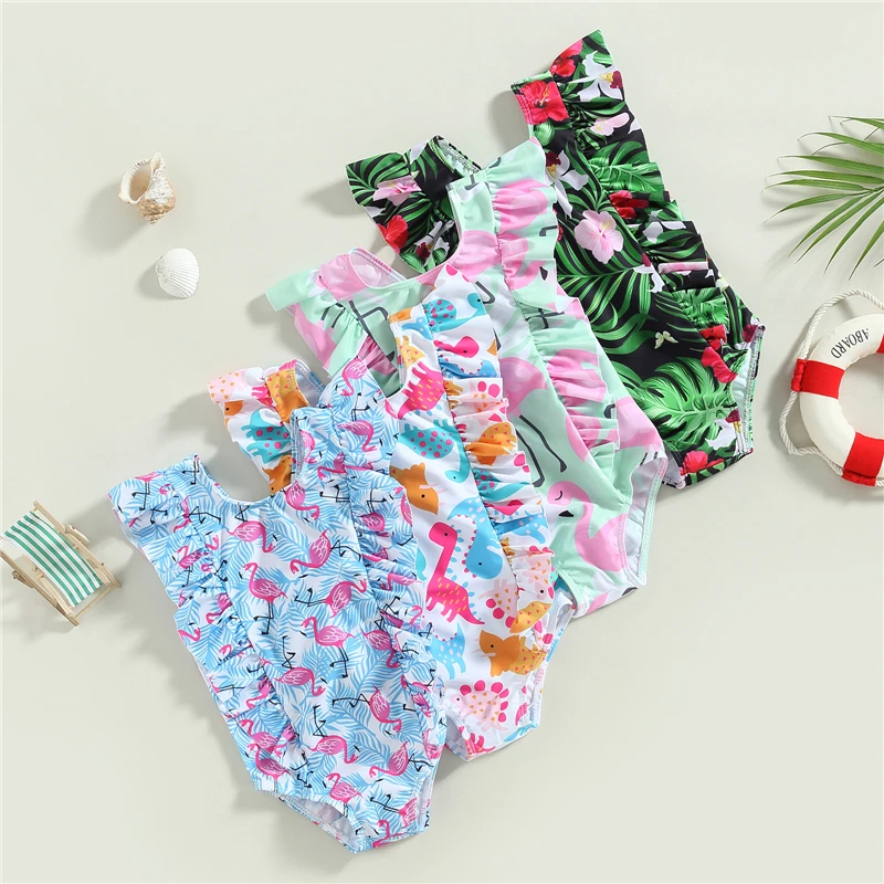 

Kid Girls Swimsuit Girl Bikini Fashion Dinosaur Flamingo Leaf Print Swimwear For Children Summer Bathing Suits