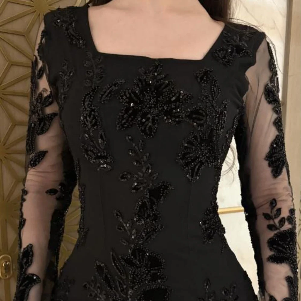 Abito da sera increspato a maniche lunghe squisito personalizzato Abito da ballo con volant sexy Elegante abito da festa con applicazioni in pizzo a sirena فسات