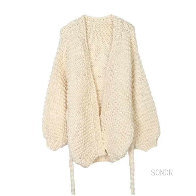 Open Stitch White Cardigan Women 2024 Autumn Winter Sweater Cardigan Handwoven Tassel Strap Lantern Sleeve Sweater Jacket Thick