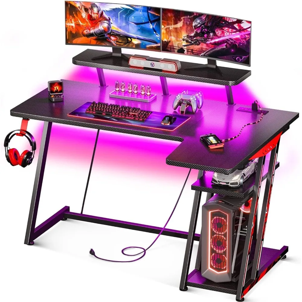 

MOTPK L Shaped Gaming Desk with LED Lights, Corner Gaming Computer Desk 47inch with Power Outlets, Gaming Table with PC Storage