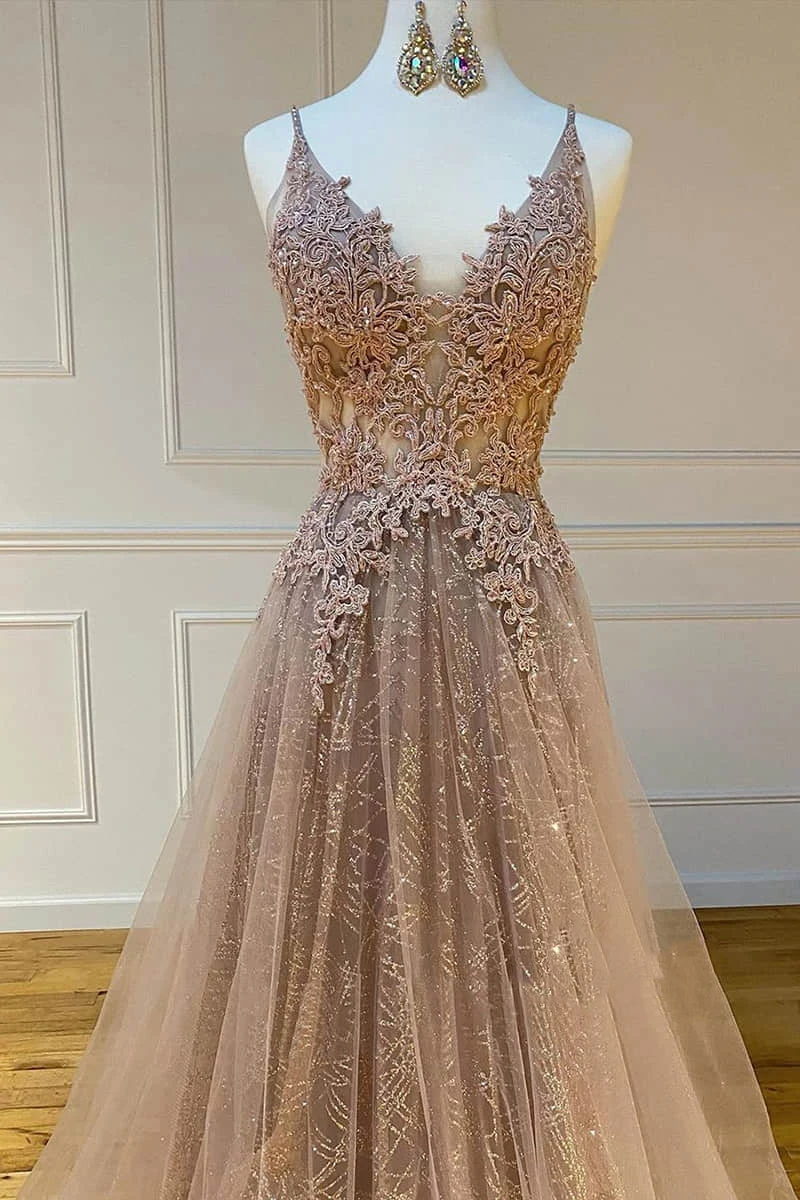 Dignified Tulle V-Neck Sleeveless A-Length Lace Formal Appliqué Beaded Homecoming Party Formal Prom Dress فساتين مناسبة رسمية