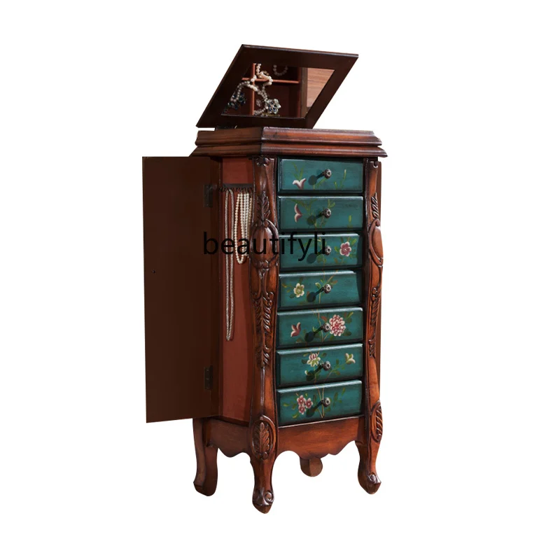 American Jewelry Storage Cabinet Floor Large Capacity Solid Wood Princess Chest of Drawers Flip Dressing Table Small Apartment