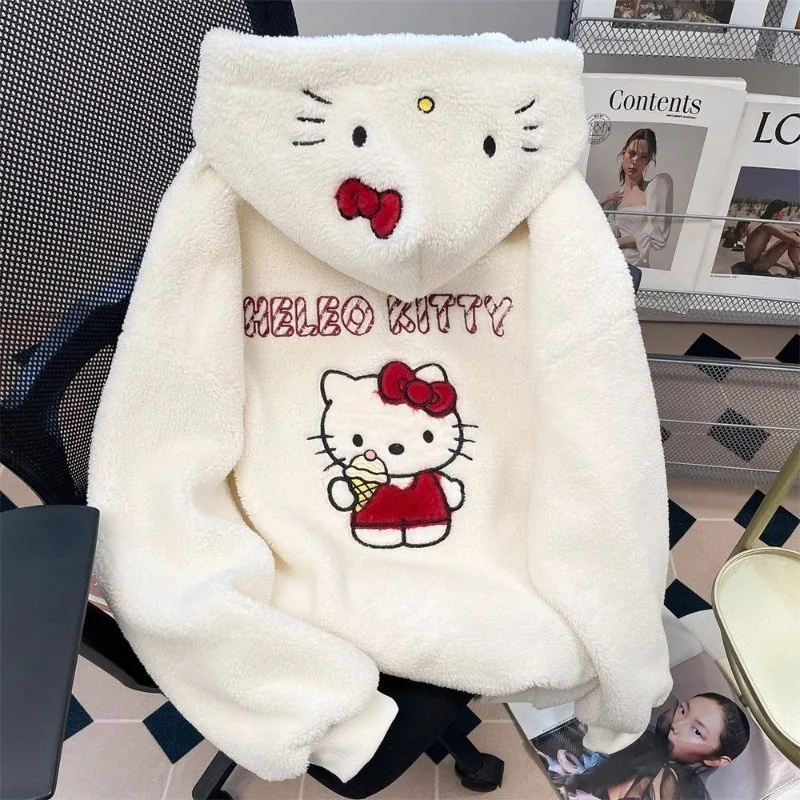 Sudadera de terciopelo de cordero de dibujos animados, chaqueta bordada de Hello Kitty, cárdigan con capucha grueso de felpa japonesa bonita para otoño e invierno