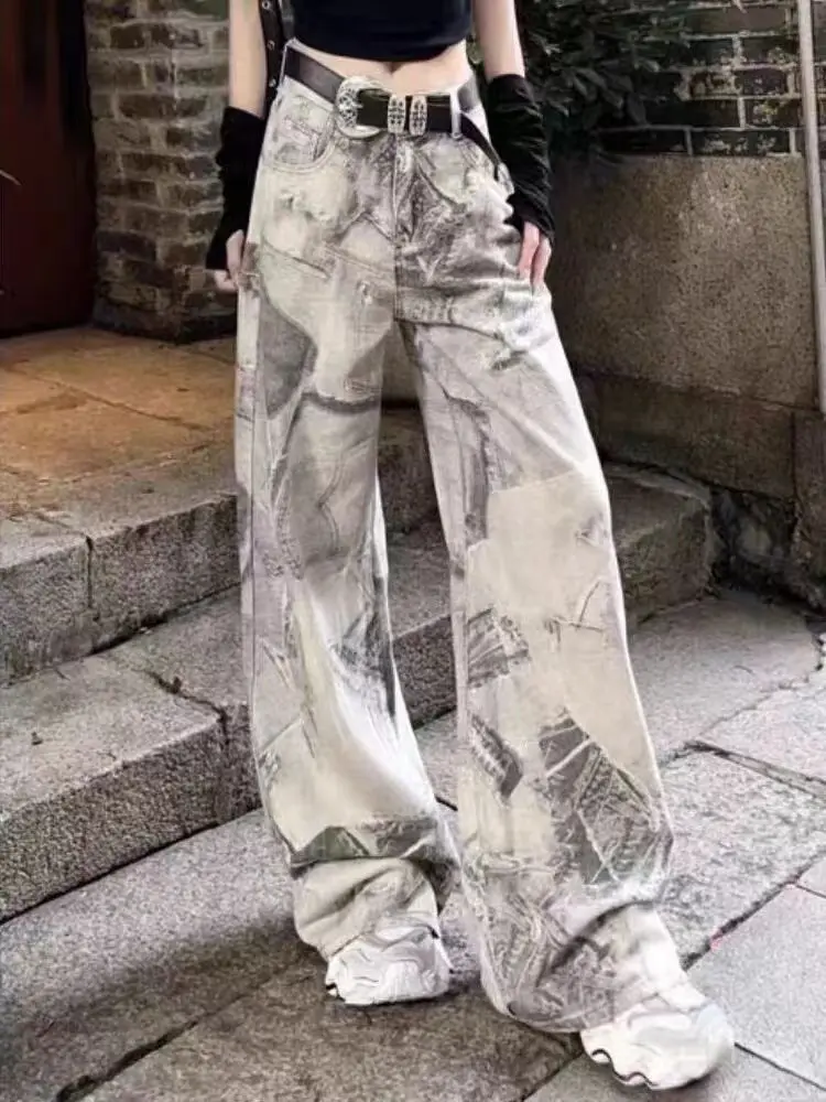 Street Niche Design Washed High Street Washed Printed Jeans Women Loose Retro Tie-dye Floor Mopping Pants