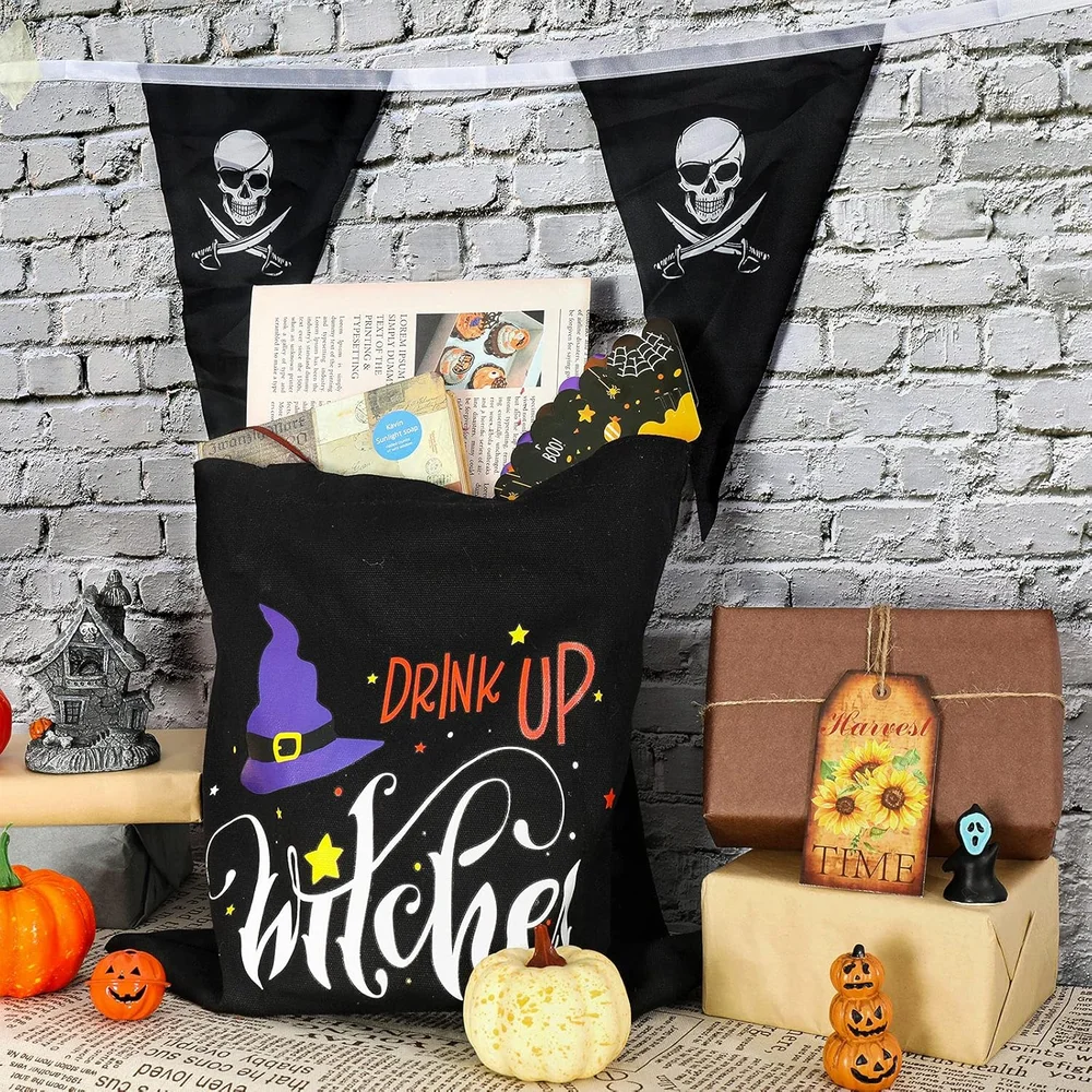 Halloween Canvas Tote Bags Hocus Pocus Witch Theme Shopping Bag with Handle Candy Grocery Bag Trick or Treat Bag Party Favor