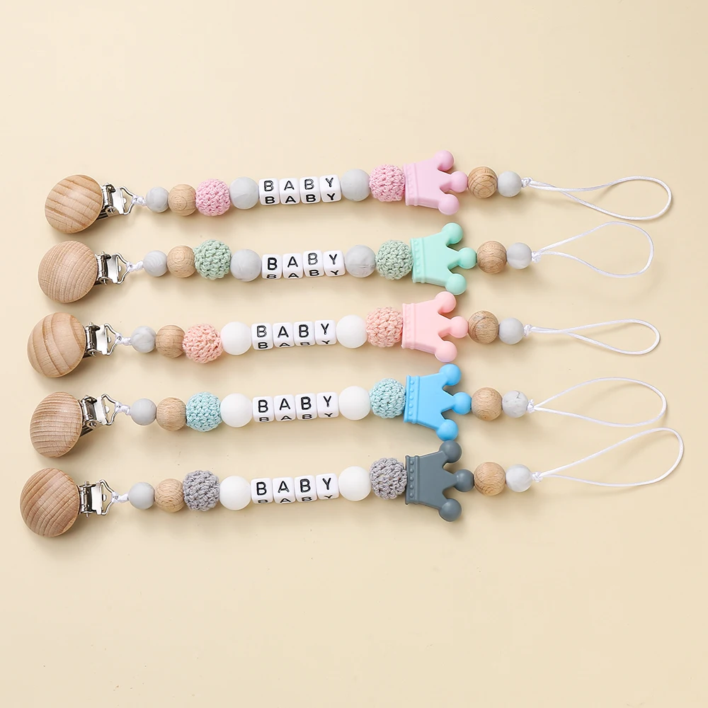 Baby Pacifier Clips Silicone Crown Beads Nursing Teething Dummy Nipple Holder Soother Chain Wooden Clip Holder Accessories