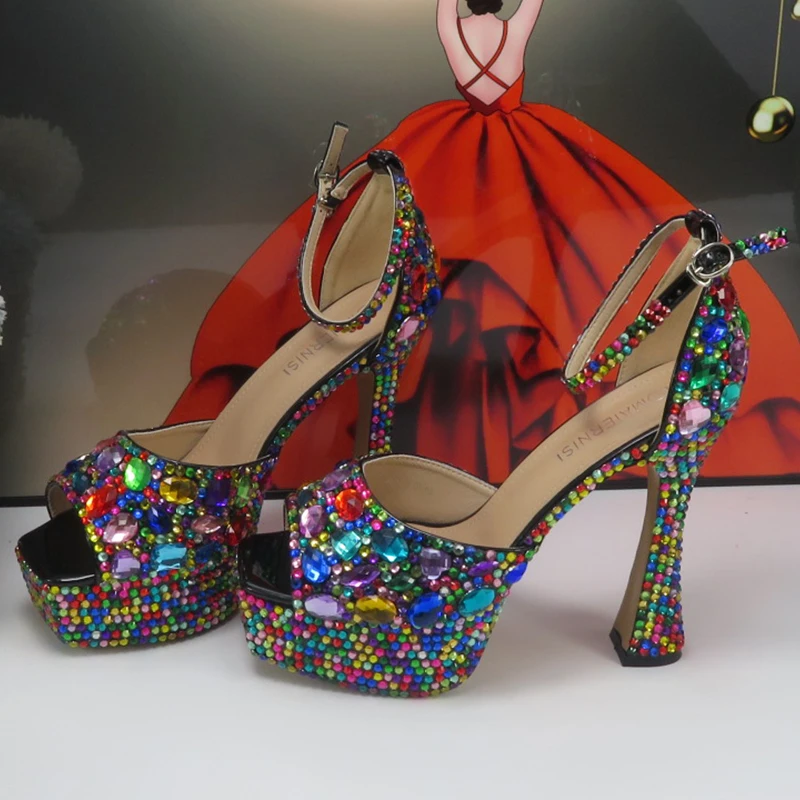 BaoYaFang Brand Summer Bridal Shoes and bag Fashion Sandals Female Ankle Strap Multicolored Crystal Sandals Girls Wedding Shoes