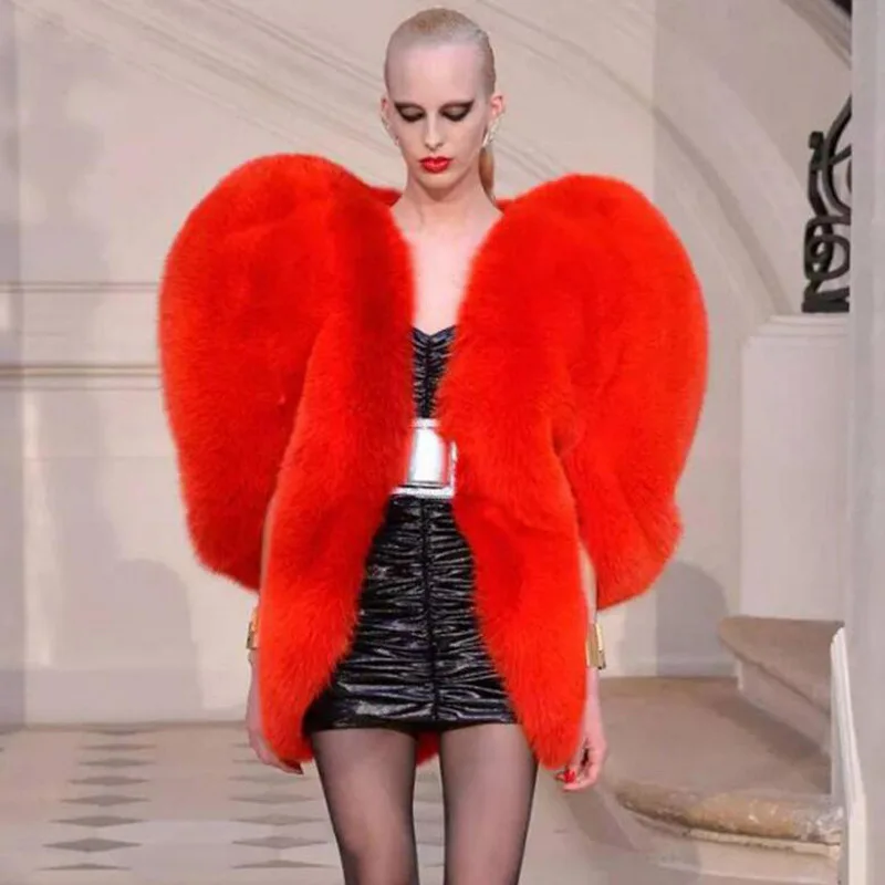 Blouse Outerwear Faux Fur Performance Wear Women's Autumn/Winter Red Heart-shaped 3D Shawl Warm New Casual Fashionable Niche