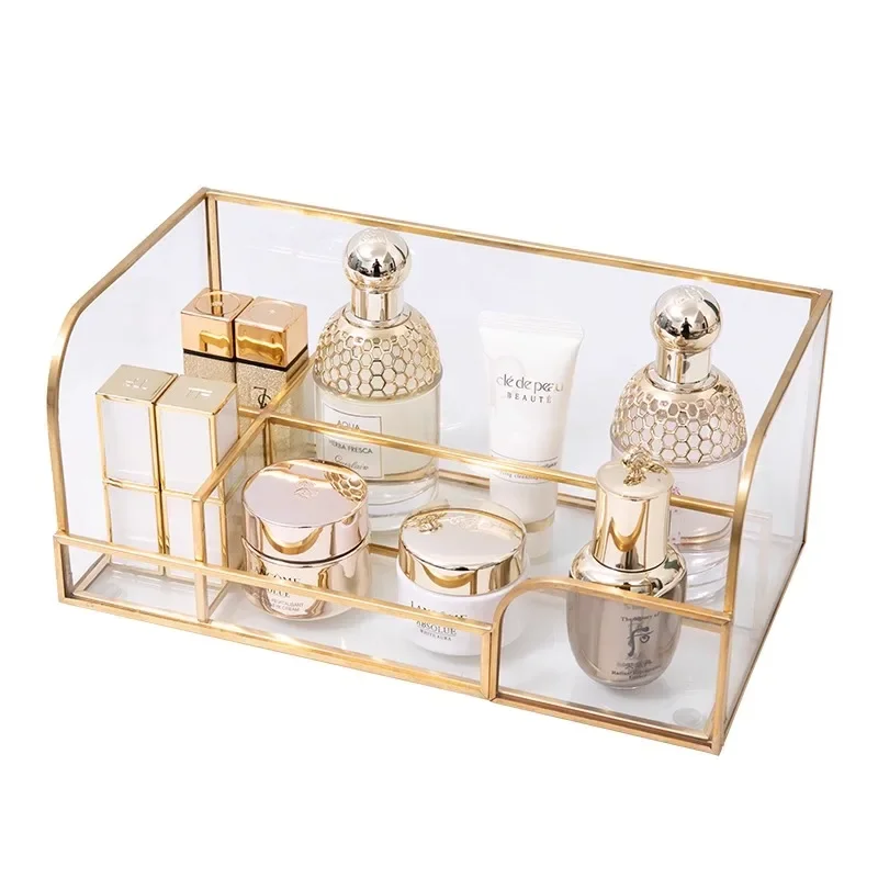 Light Luxury Desktop Cosmetic Organizer Makeup Tools Skin Care Product Shelf Transparent Glass Large-capacity Storage Box