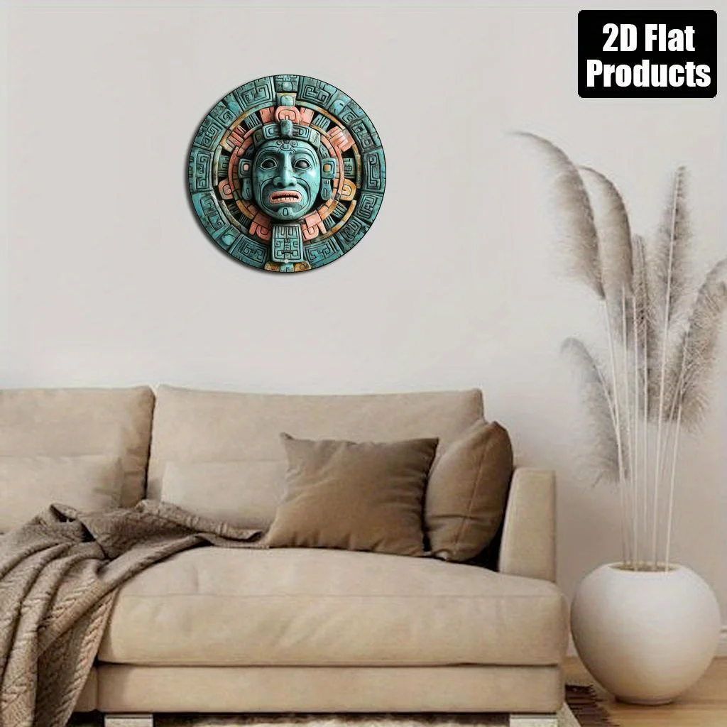 2D Flat, 1pc Mayan Calendar - 2D Flat Round Aluminum Wall Art, High-Definition Vintage Decorative Sign with Intricate Carvings,