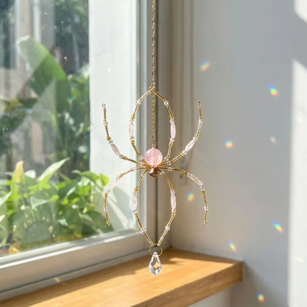 Eight-Leg Spider Shape Crystal Spider Sun Catcher Beaded Wire Gold-Tone Chain Window Hanging Spider Decor Handmade