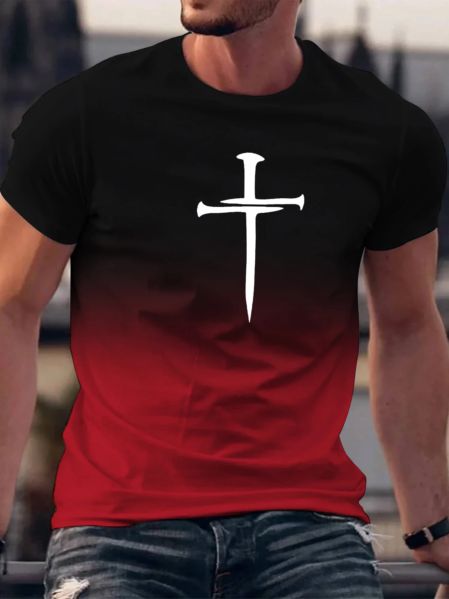 New Christian Cross Pattern Print Men\'s Comfy O-Neck T-shirt Graphic Tee Summer Clothes Outfits T Shirts