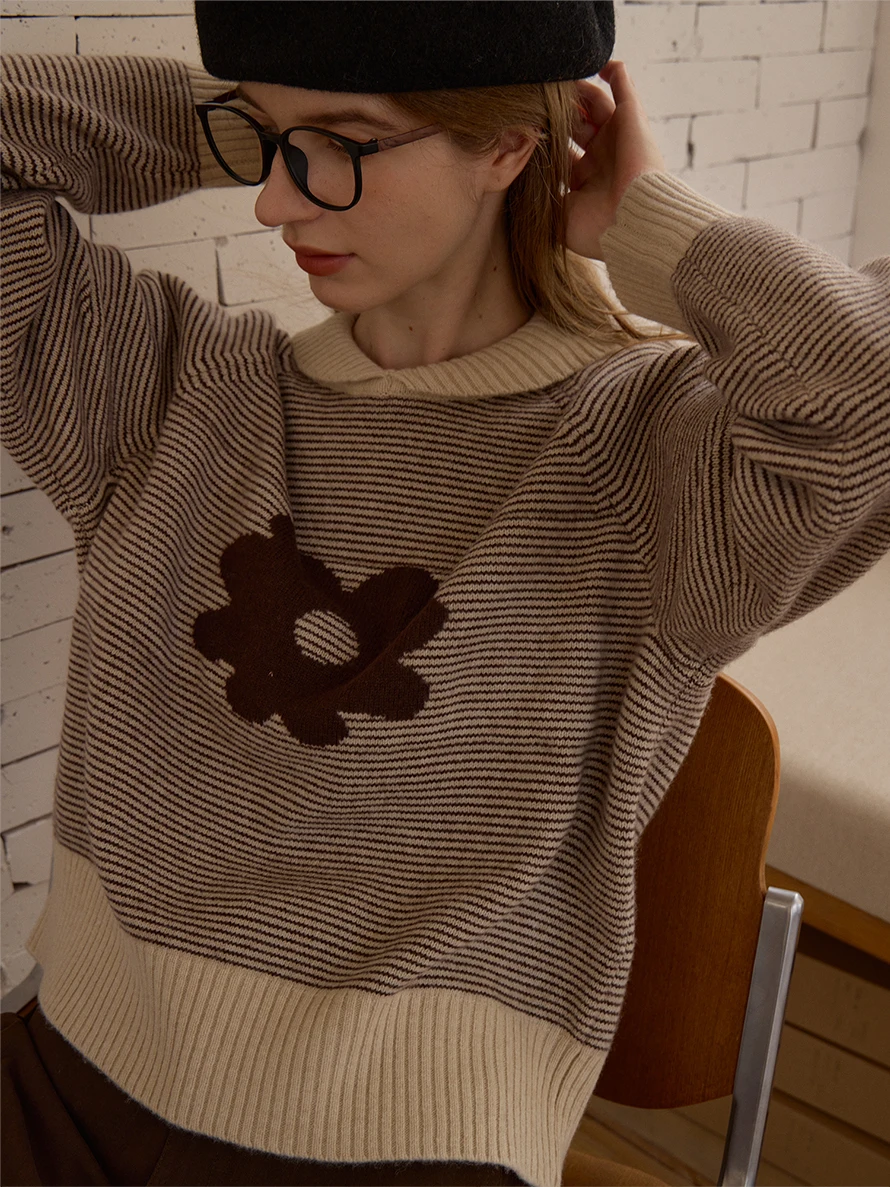 

Sullenger Long Sve вязаный шерстяной свитер для женщин из мериносовой шерсти в полоску с цветным воротником и цветочным дизайном для поездок на работу Sle