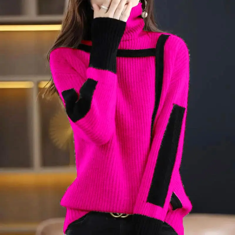 الخريف الشتاء النساء سترة عالية الياقة عادية الحياكة البلوز سترة السيدات تصميم مريح تحسس الإناث لاعبا سترة #4