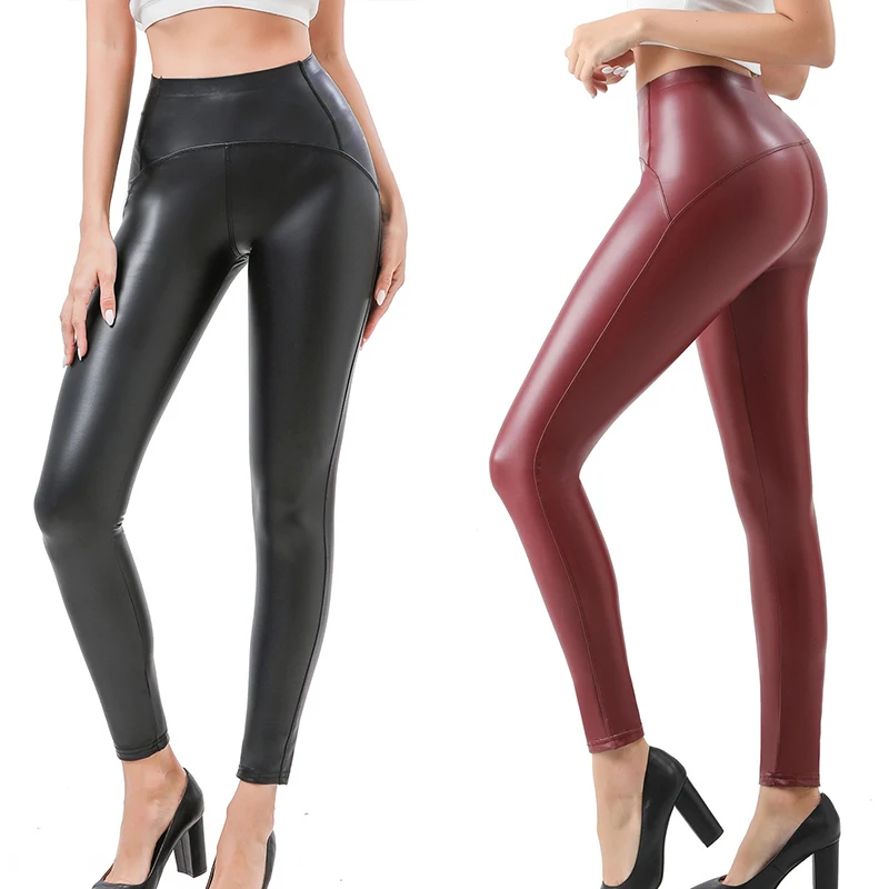 GUUDIA Stretchy Faux Leather Warm Fleece Lined Tight Sexy Leggings Quick Dry High Waisted Tummy Control Women Pu Velvet Pants