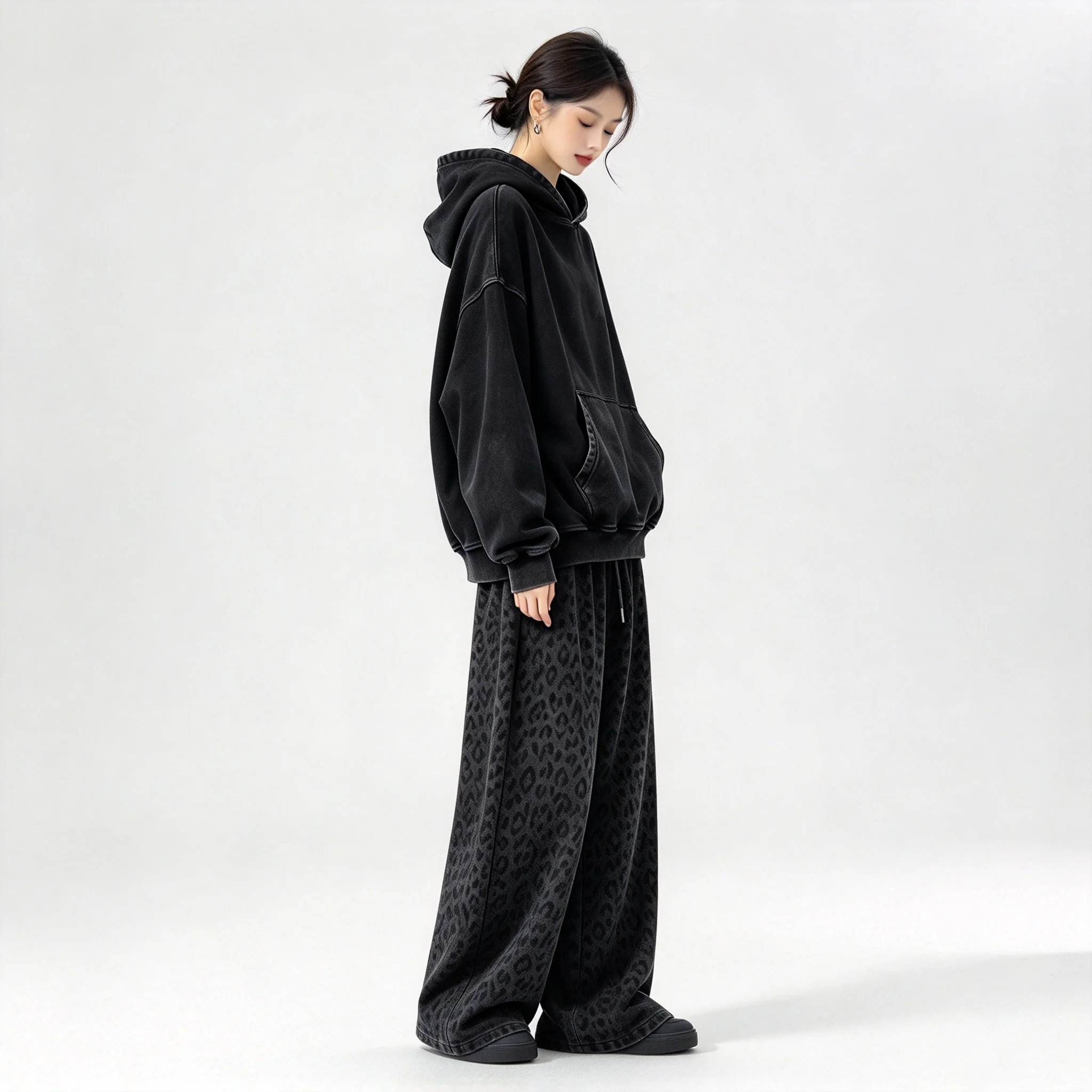 Vintage Washed Hoodie Leopard Wide Leg Pants Set Women Casual Loose 2 Piece Outfit Streetwear Tracksuit