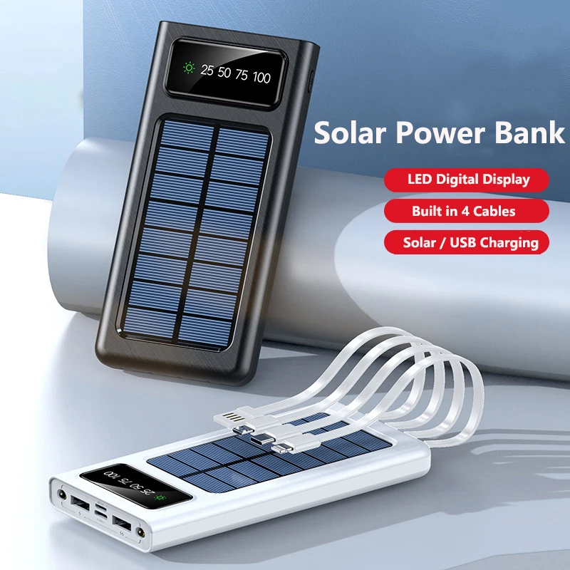 

Solar Power Bank 10000mAh Built in Cable Portable Charger External Battery Powerbank for iPhone 15 Samsung Xiaomi with LED Light