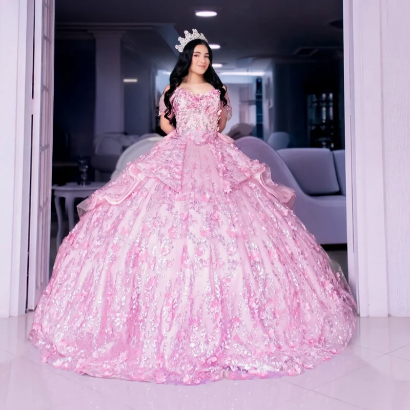 

Pink Shiny Ball Gown Quinceanera Dresses Sequin Applique Flower Beading Crystal Bow Tull Corset Off The Shoulder Sweet 16 Dress
