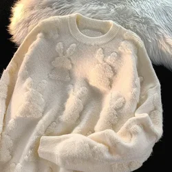 QNPQYX Women Sweater Knitted White Jacquard Weave Rabbit Loose Long Sleeve O-Neck Pullovers Korean Chic Autumn Winter Clothes