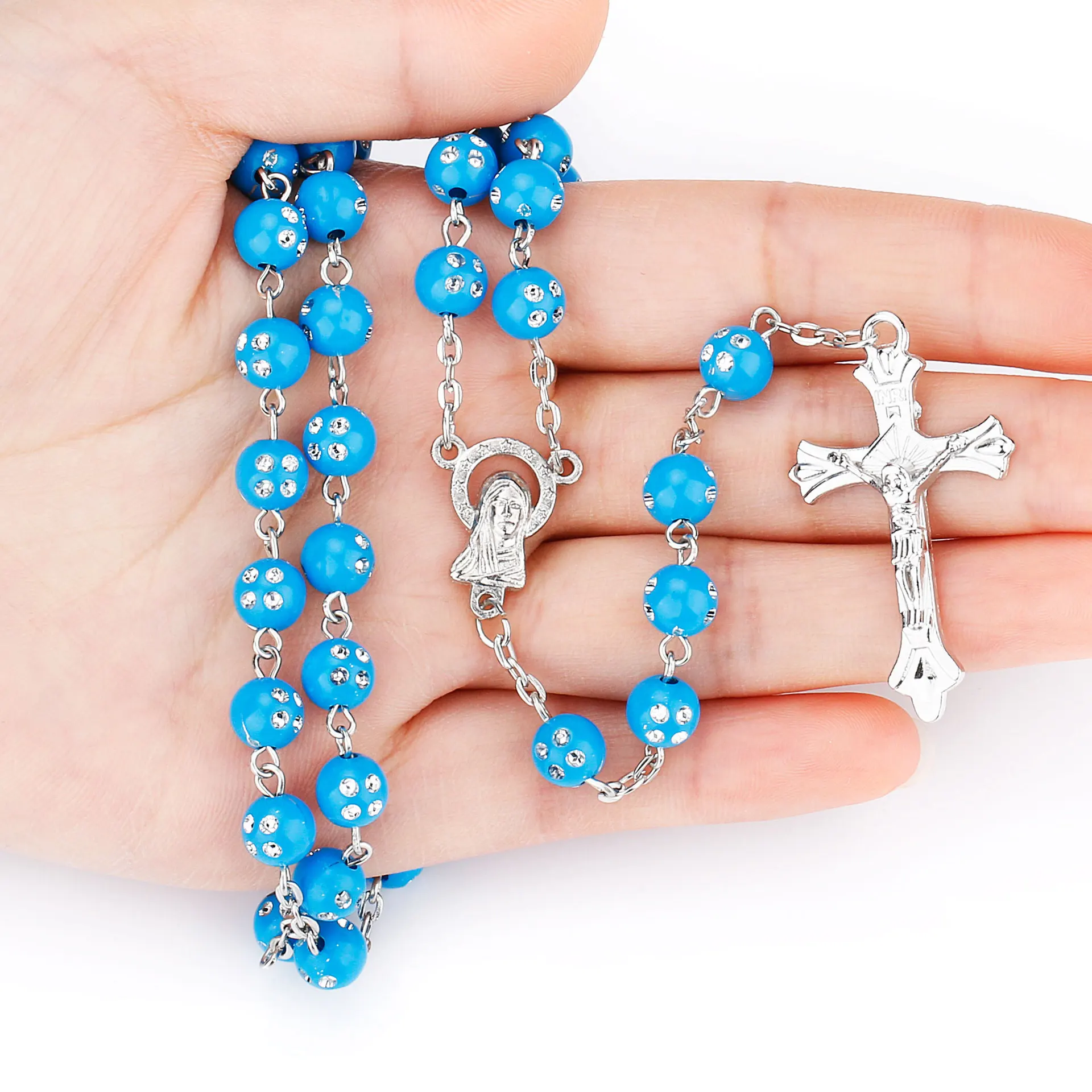 Religion Christian Rosary Necklace For Women Virgin Mary Jesus Cross Pendant 8MM Crystal Beads Long Chain Fashion Prayer Jewelry