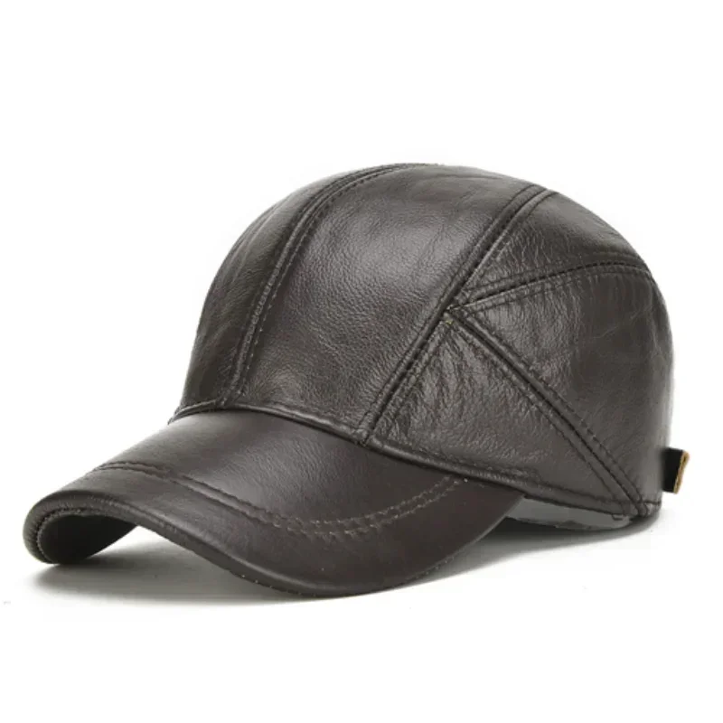 Men Cowhide Leather Earlap Caps Male Fall Winter Cow Leather Hats New Casual Leather Outdoor Baseball Cap