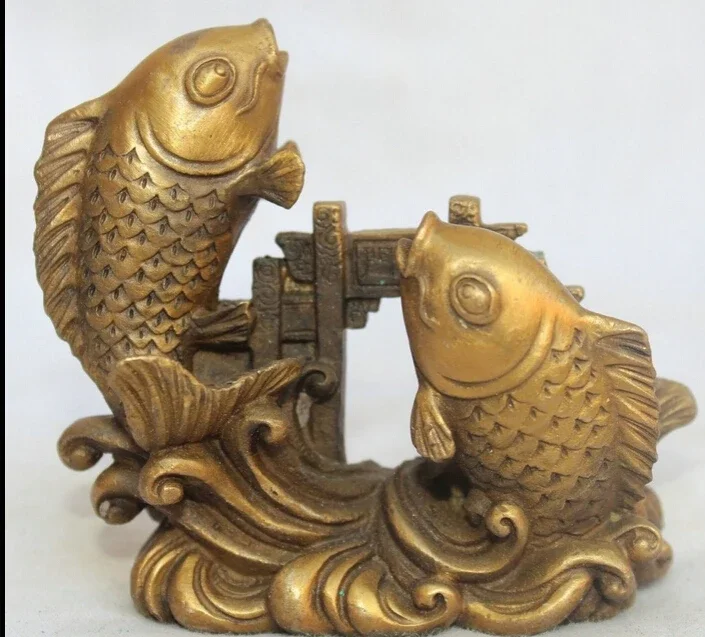 

zhaomeirui75++China Chinese Fengshui Brass Foo Fu Two Fish barracuda Pass Dragon Door Statue