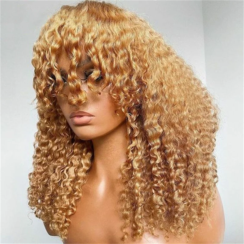 Parrucca bionda 180 densità 26 "lunga senza colla riccia crespa con frangia per donne nere BabyHair attaccatura dei capelli naturale resistente al calore