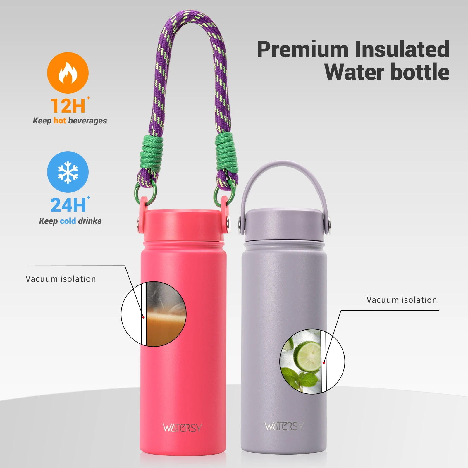 WATERSY Stainless Steel Water Bottle with Handle, Double Wall Vacuum Insulated Tumbler, Leak Proof Thermos for Office, Gym