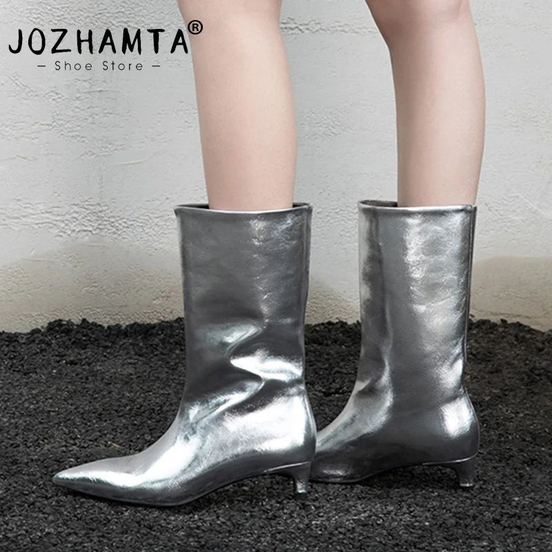 

JOZHAMTA Size 34-40 Women Mid Calf Boots Genuine Leather Wide Calf Silver Kitten Heels Shoes Fall Winter 2024 Ins Short Booties