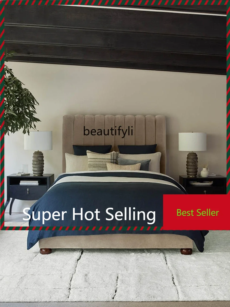 

A71 A44 Nordic Light Luxury Modern Fabric Bed American Minimalist Vertical Bar Double Soft Pack Bed 1.8 M Bedroom Bed