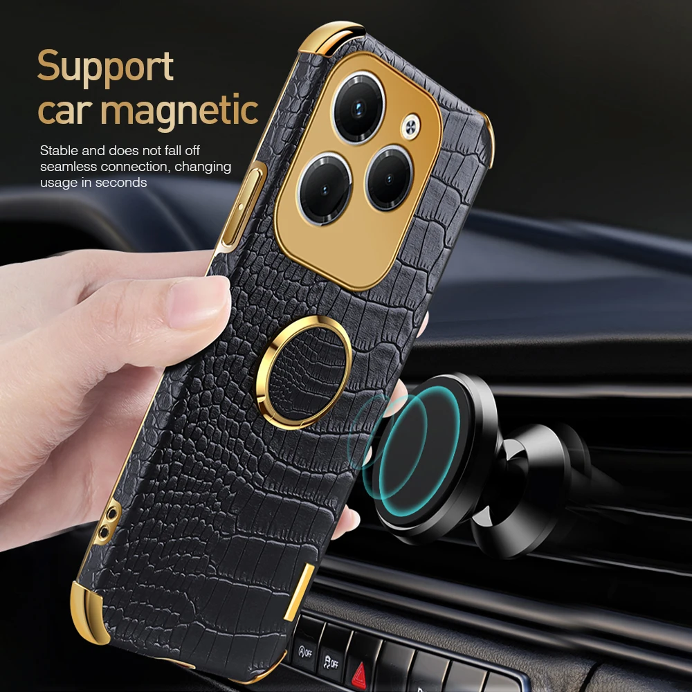 6D Plating Leather Cover For Infinix Hot 40 Pro 40i 4G Case Magnetic Holder Ring Shockproof Coque Hot40 Hot40pro 40Pro Hot40i 4G