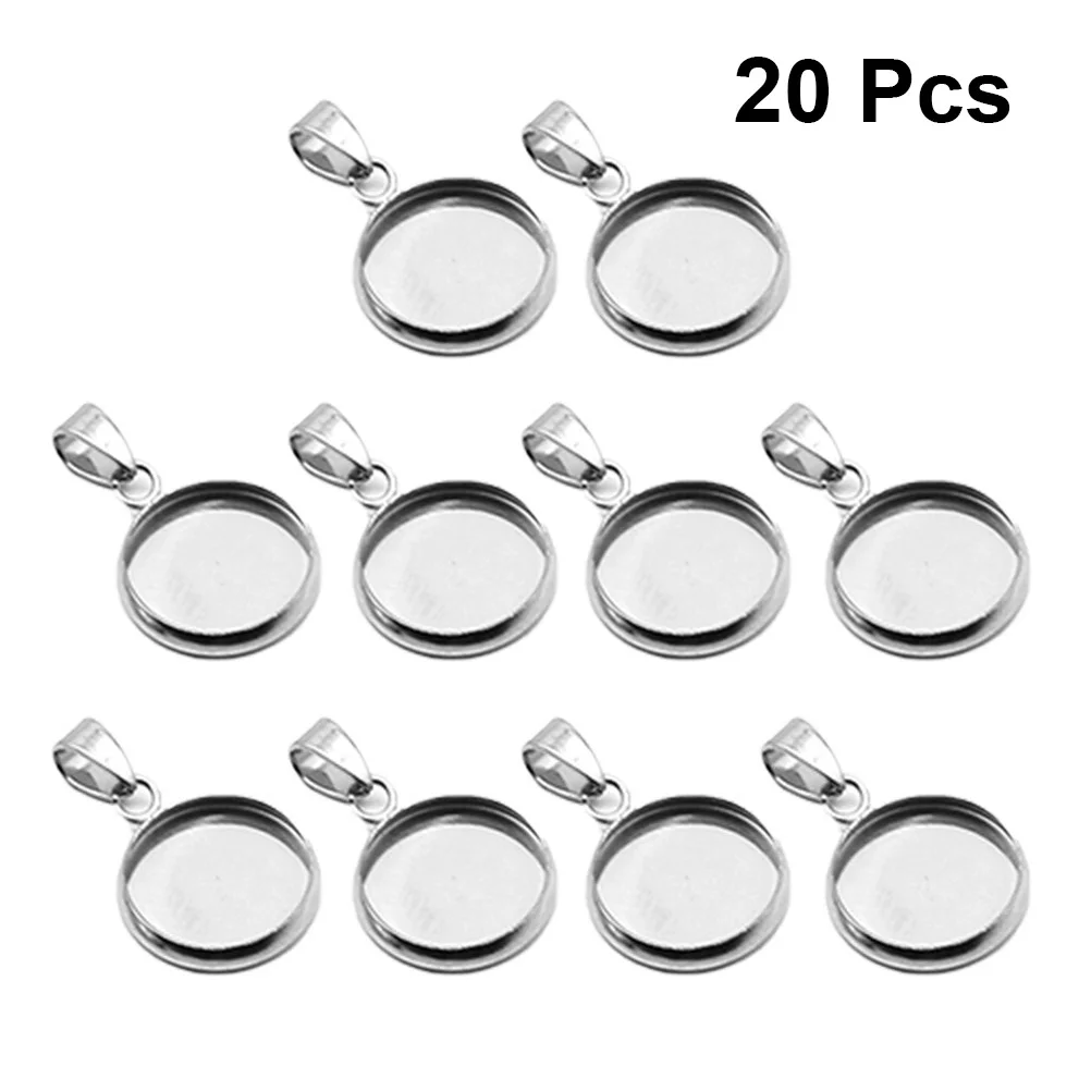 20 Pcs Jewelry Bases Round Cork DIY Pendant Holder Stainless Steel Trays Silver