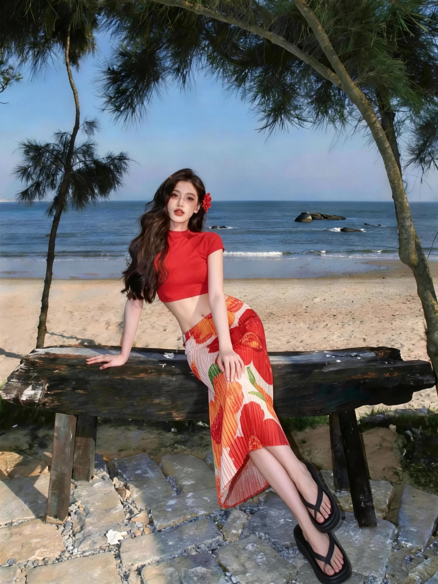 High Waist Ice Silk Three Pleated Floral Half Skirt Women's Summer Beach Vacation Midi One-Piece Skirt Small Stature