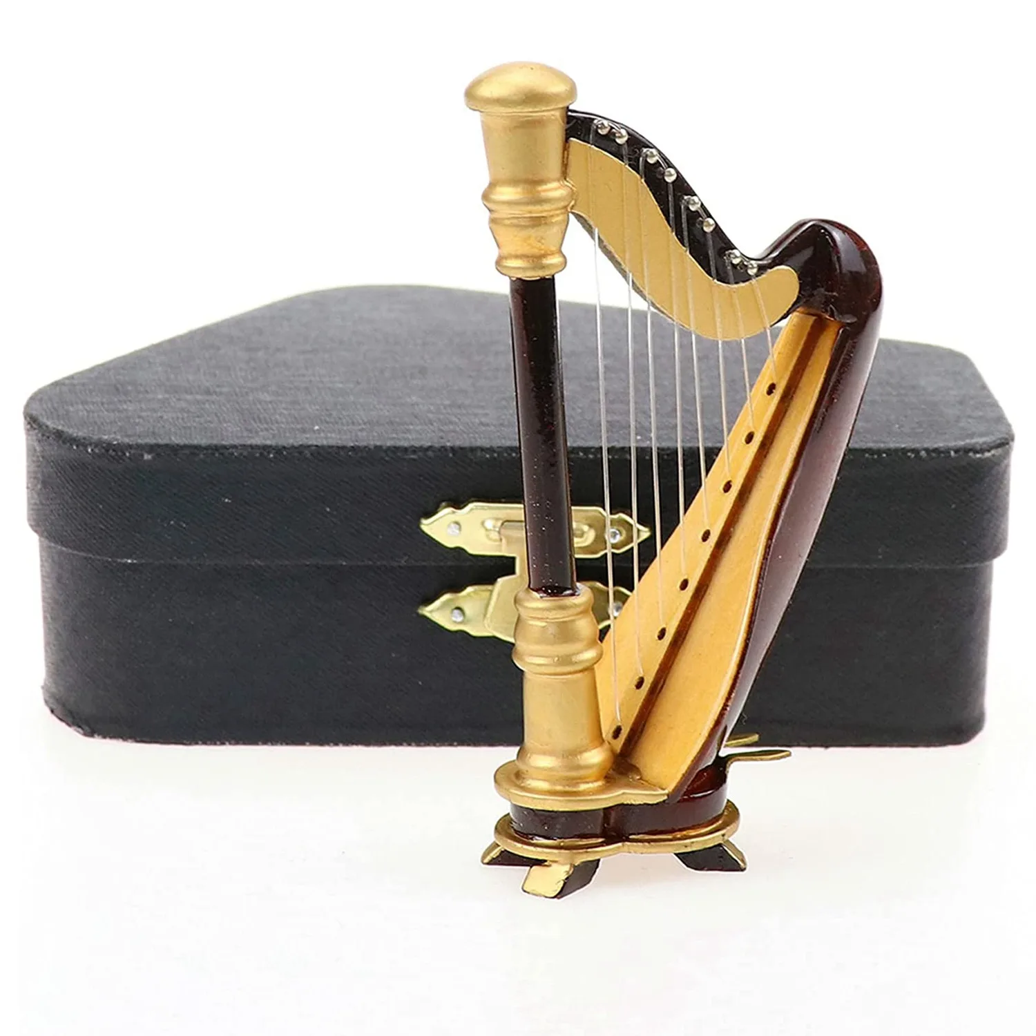 Wooden Miniature Harp with Case Mini Musical Instrument Replica Miniature Model Home Decoration