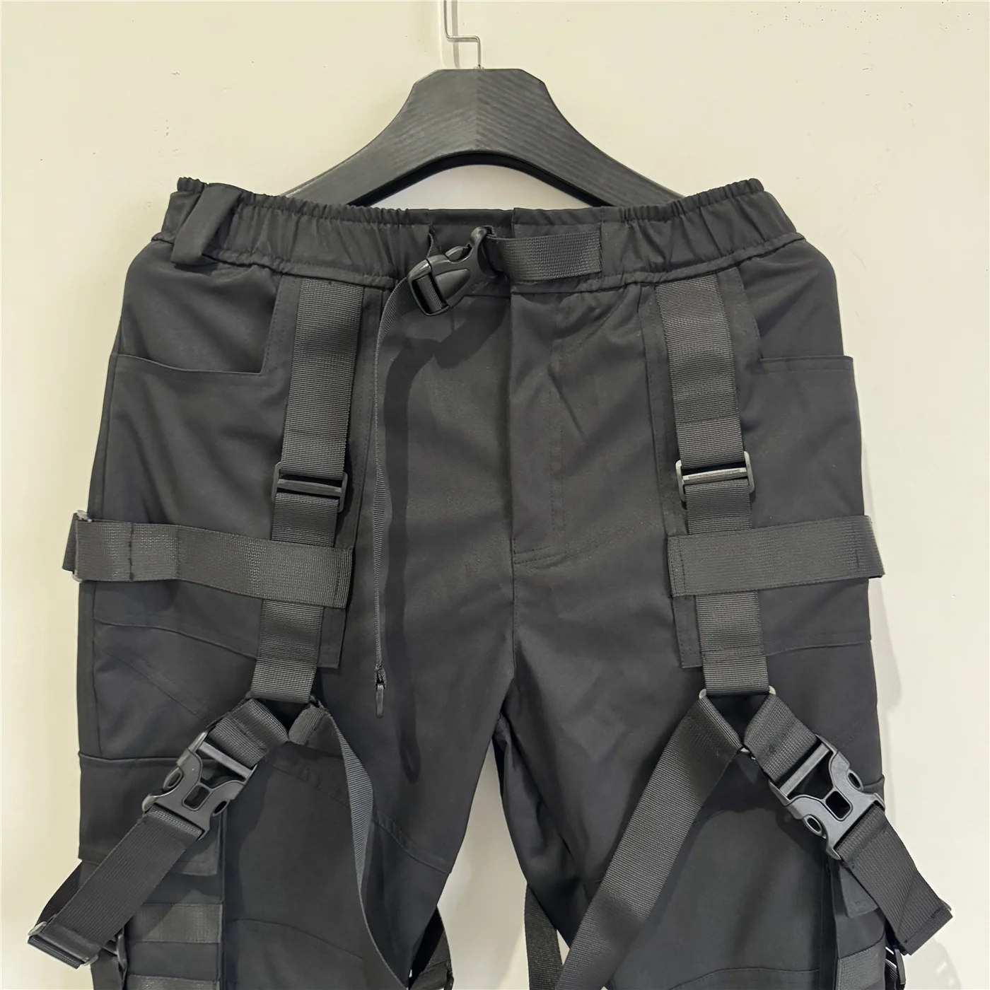 Hip Hop Punk Cargo Pants Man Multi Ribbons Decorative Techwear Pants High Street Tactical Casual Trousers