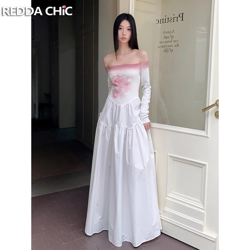 REDDACHiC Gradient Pink Flower Maxi Long Dress Coquette Off Shoulder Long Sleeve Stitch Rib Knit A-line Casual Women One-piece