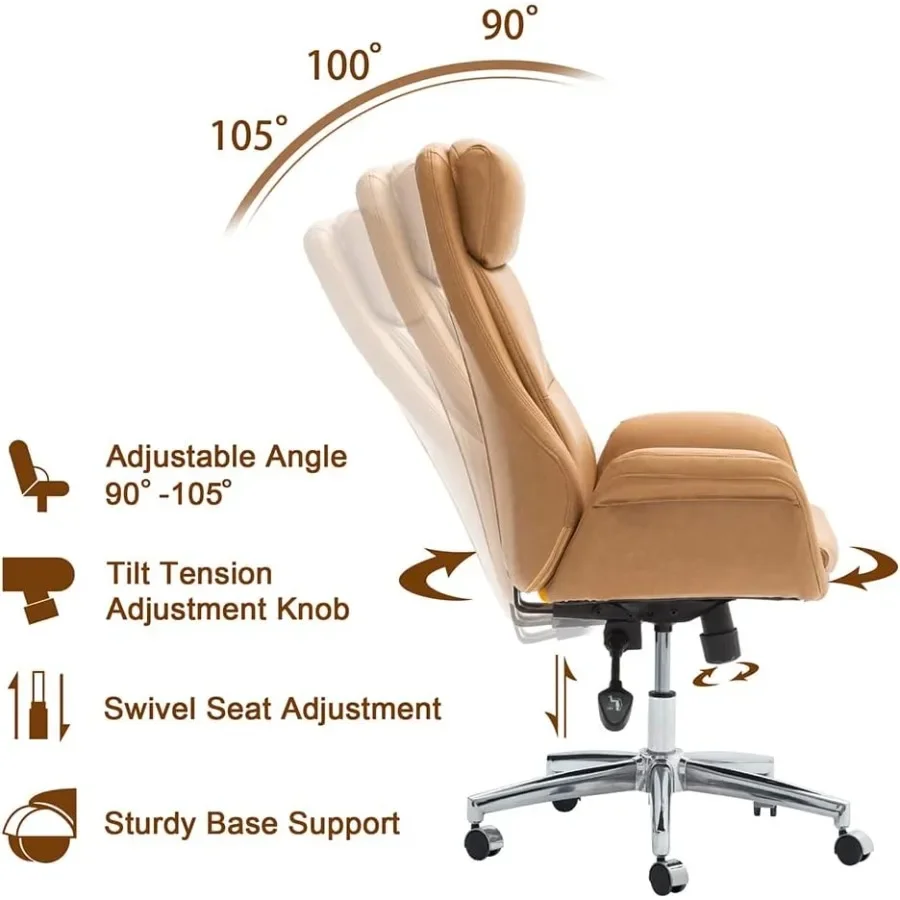 Modern high-back PU leather office chair for computer desks, camel color with lumbar support, adjustable height and swivel func view 5